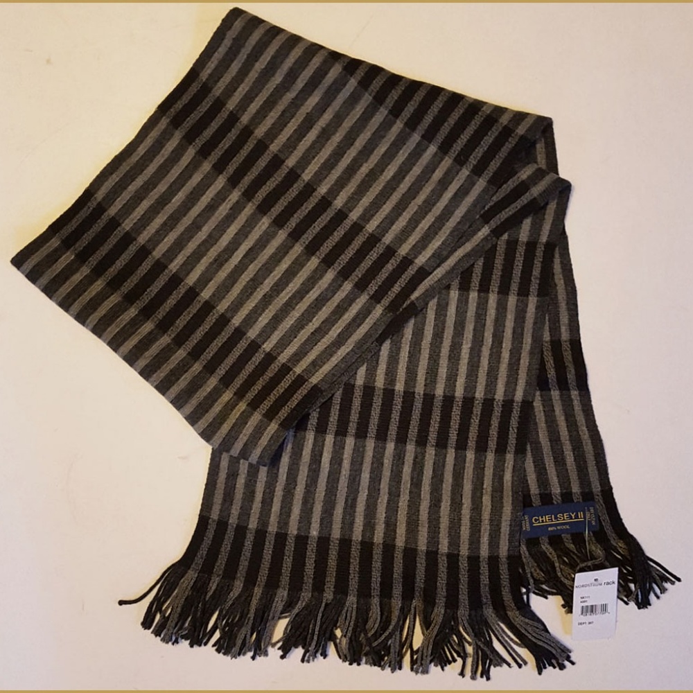 CHELSEY II  wool grey black STRIPED fringed SCARF